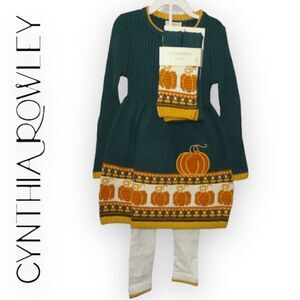 NWT Cynthia Rowley Girls Pumpkin Sweater Dress Scarf Tights Set | Fall S(5/6)